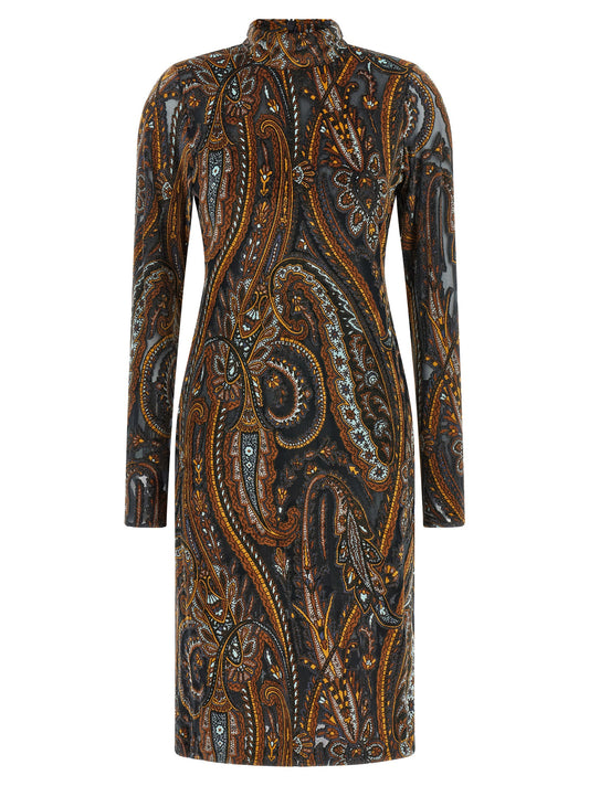 Dress by Etro for women in viscose multicolor, paisley, jacquard & print features an cute silhouette, detailed with a long-sleeve and high-neck neckline that elegantly flows into a cute knee short.