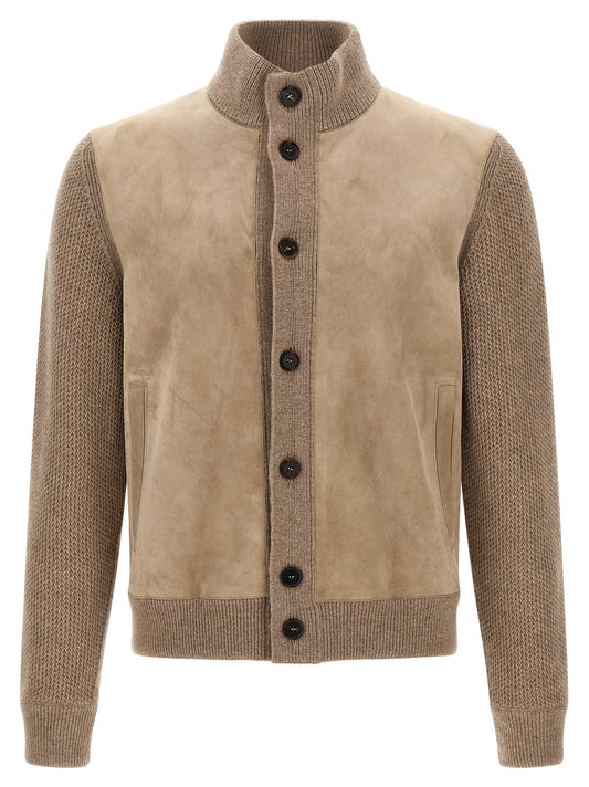 ZEGNA Men's Regular Fit Cashmere Suede & Calf Leather Cardigan - Beige