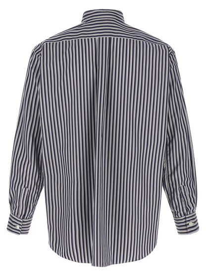 Shirt by Comme Des Garçons for men in cotton gray, navy, patterned & striped showcases a sharp silhouette, elegantly detailed with a sharp and sharp .