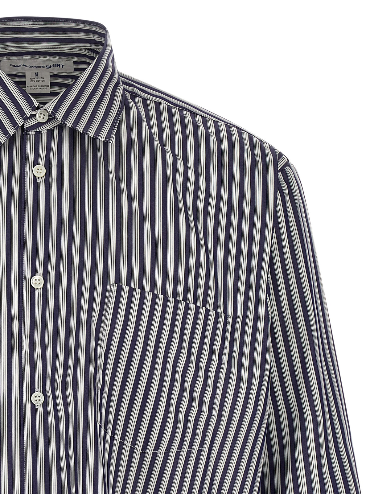 Shirt by Comme Des Garçons for men in cotton gray, navy, patterned & striped showcases a sharp silhouette, elegantly detailed with a sharp and sharp .