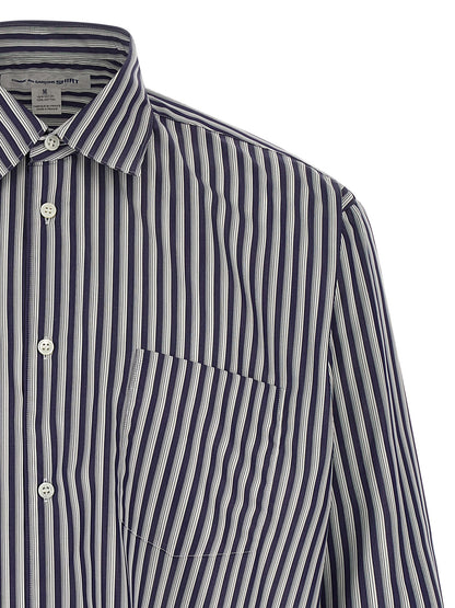 Shirt by Comme Des Garçons for men in cotton gray, navy, patterned & striped showcases a sharp silhouette, elegantly detailed with a sharp and sharp .