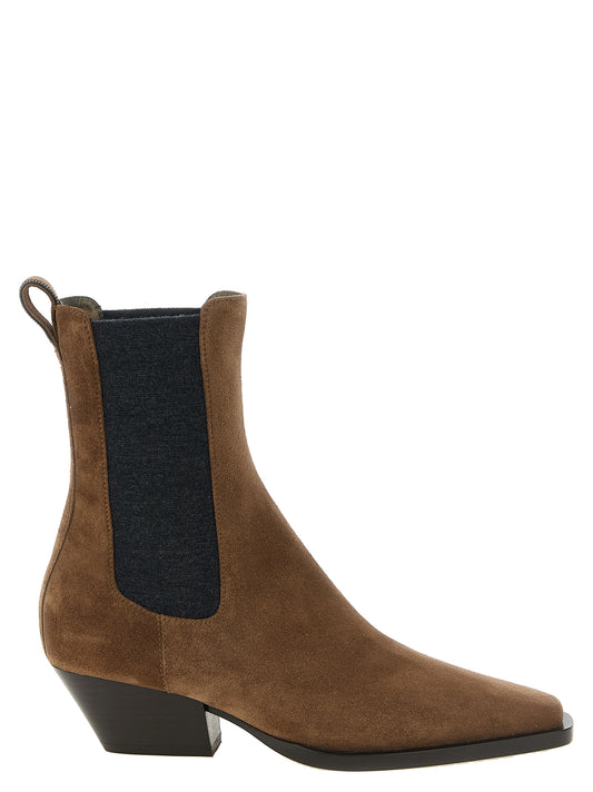 Cuban Ankle Chelsea Cowboy Boots by Brunello Cucinelli for women in virgin wool & suede calfskin brown showcases a ergonomic silhouette from the Monile Women's Virgin Wool & Suede Calfskin Cuban Ankle Chelsea Cowboy Boots collection, featuring a ergonomic cuban-heel and a ergonomic square toe style.