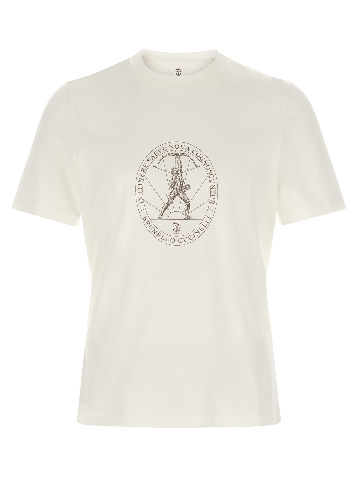 T-Shirt by Brunello Cucinelli for men in cotton white & print showcases a fashionable silhouette, elegantly detailed with a fashionable short-sleeve and round neckline for a sophisticated, high-fashion look.