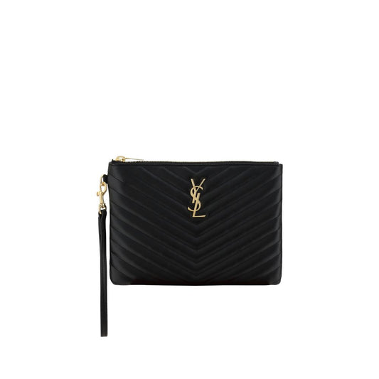 Clutch Handbag by Saint Laurent for women in bos taurus calf leather black features a architectural silhouette, showcasing a secure snap, zipper & hook, ample , and versatile wristlet for a architectural finish.