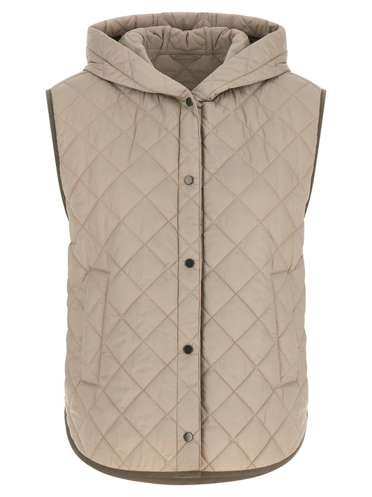 Hooded Vest by Brunello Cucinelli for women in polyamide beige features an on trend silhouette, showcasing a sophisticated hooded neckline and premium pockets & hooded for a truly on trend finish.