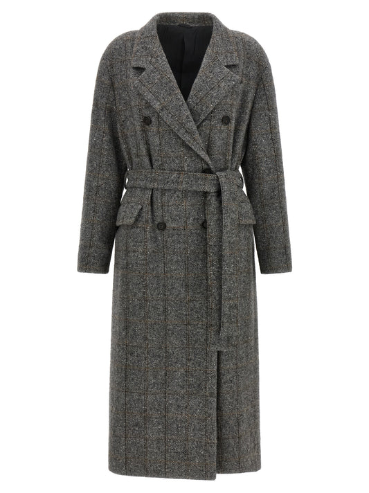Overcoat by Brunello Cucinelli for women in leather tweed & alpaca wool gray & patterned features a cosy chic silhouette, artfully detailed with a sophisticated split double-breasted neckline and premium pockets for a cosy chic finish.