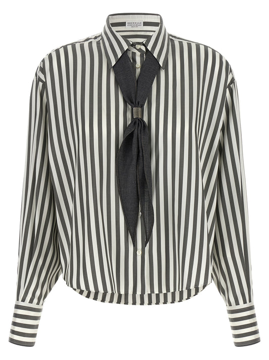 Blouse by Brunello Cucinelli for women in virgin wool & silk bicolour, pearl, patterned & striped presents a discerning silhouette, showcasing a sophisticated and long-sleeve for a truly discerning finish.