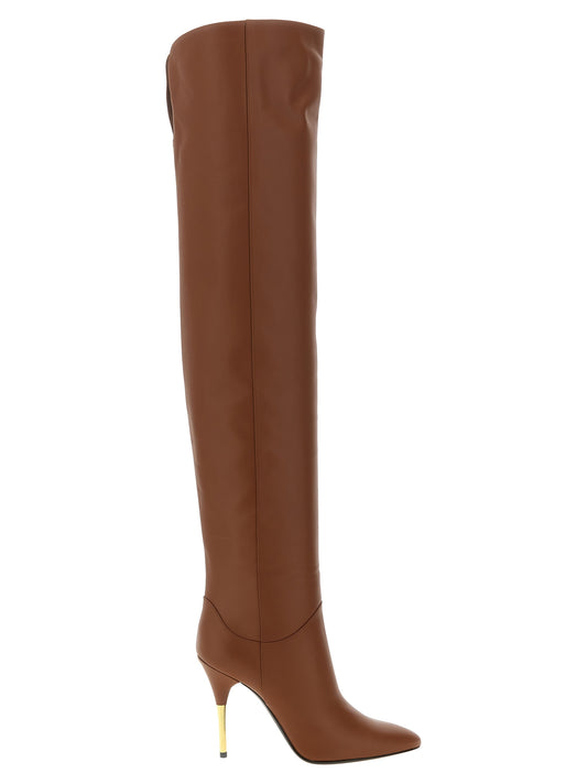 Stiletto Over-The-Knee Boots by Valentino Garavani for women in calfskin leather brown, gold, natural & signature features an enchanting design from the V Logo Women's Calfskin Leather Stiletto Over-The-Knee Boots collection, highlighting a enchanting stiletto and pointed toe style for a refined look.