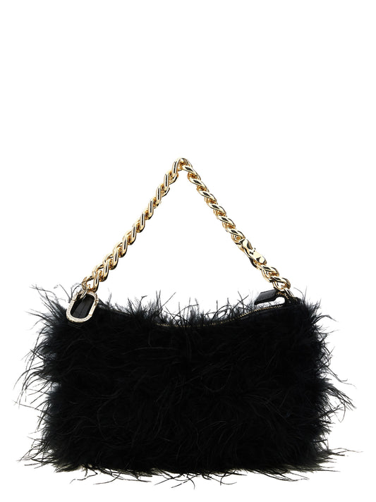 Mini Drawstring Clutch Handbag by Twinset for women in feathers leather metal & polyester black & gold features a sculptural silhouette with a secure zipper, ample , and versatile handle for a sculptural finish.
