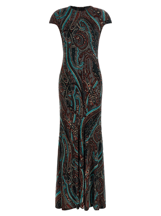 Dress by Etro for women in velvet & viscose multicolor, patterned, paisley & print features an sultry silhouette defined by a round neckline and cap-sleeve, falling to an sultry long for a sultry look.