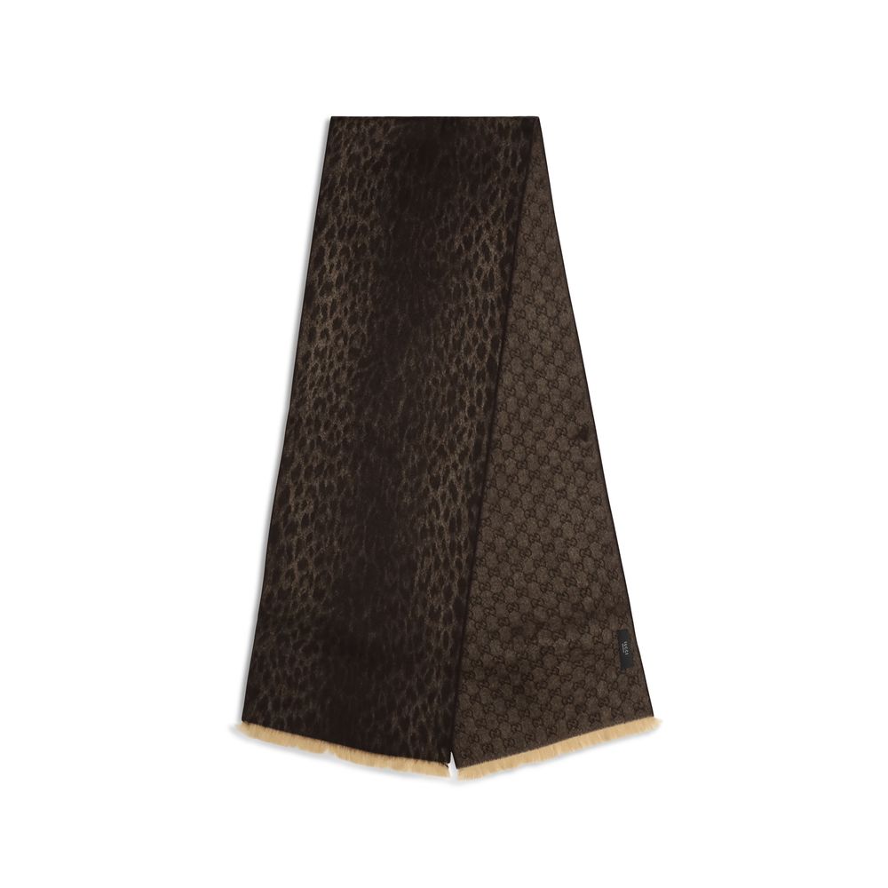 Gucci Merino Wool Fringes Scarf - Brown Leopard Print Patterned Monogram Print