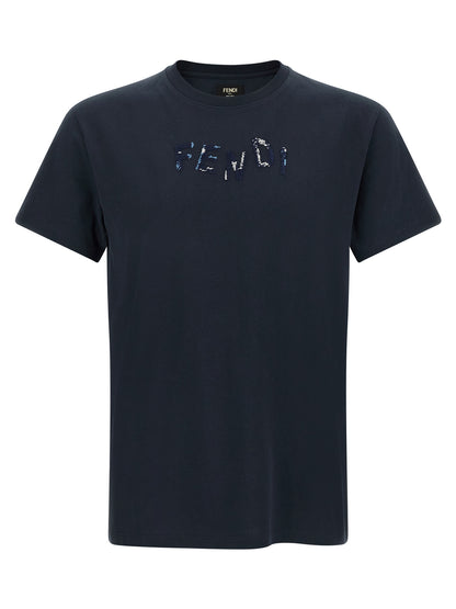 T-Shirt by Fendi for men in cotton dark-blue showcases a fashionable silhouette, elegantly detailed with a fashionable and crew neckline for a sophisticated, high-fashion look.