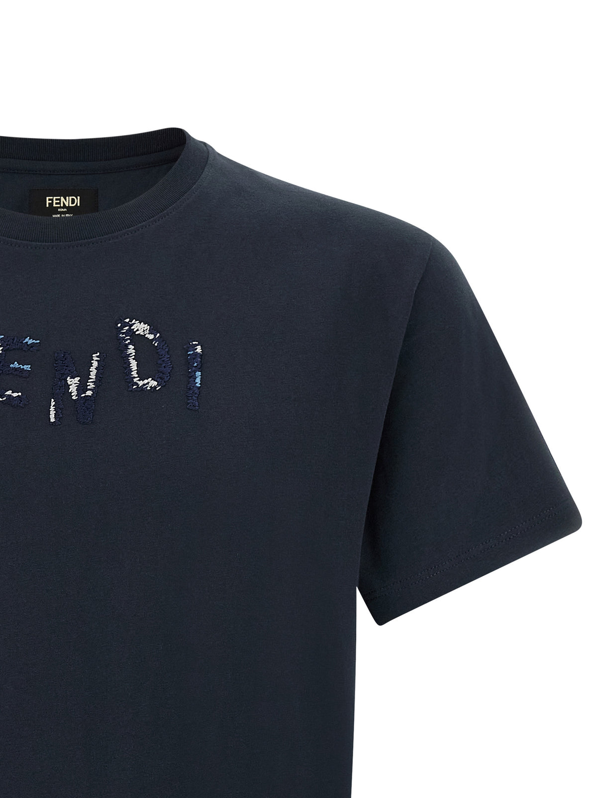 T-Shirt by Fendi for men in cotton dark-blue showcases a unassuming silhouette, artfully detailed with a refined crew neckline and unassuming for a sophisticated, contemporary look.