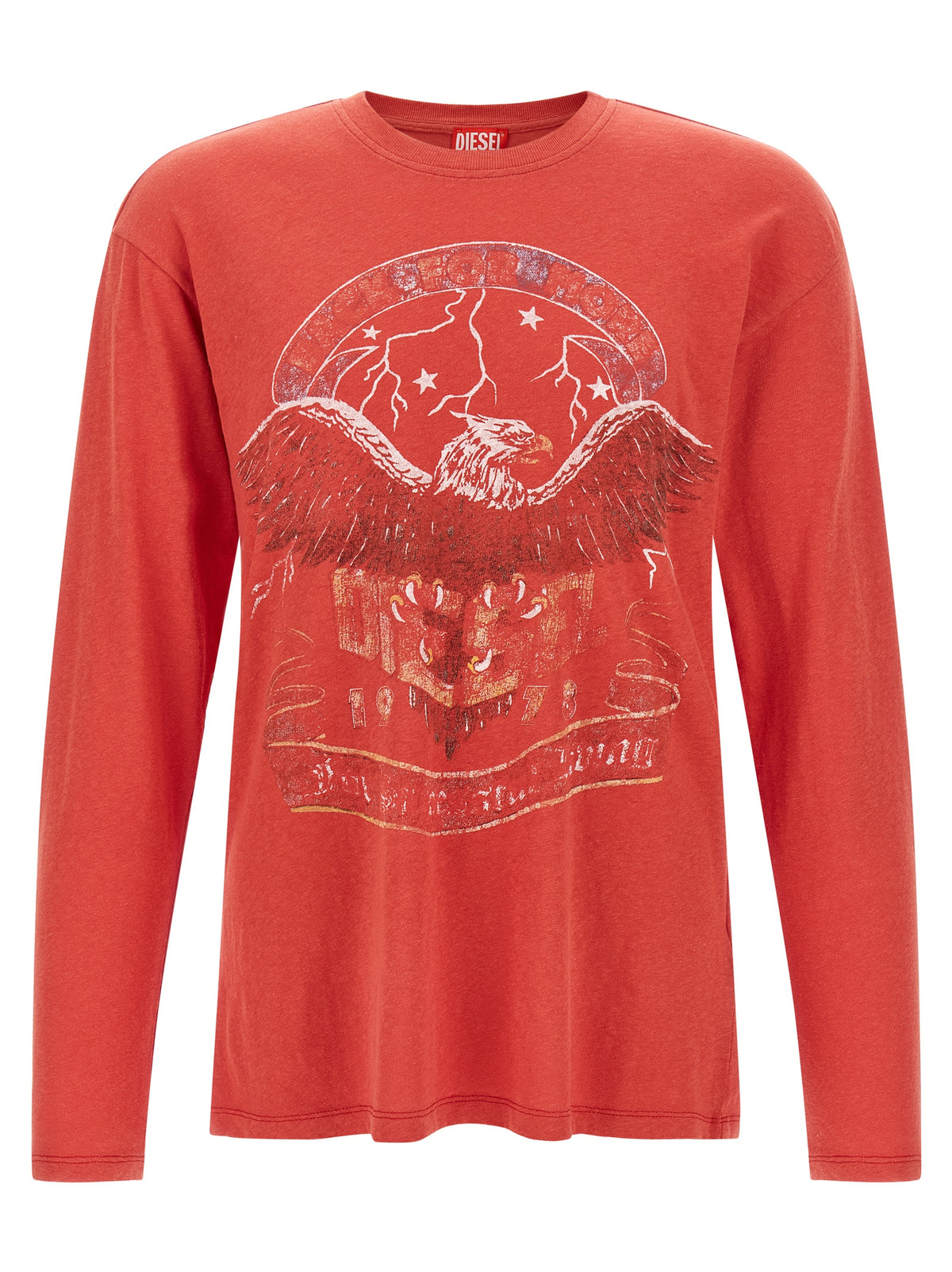 Sweater by Diesel for men in cotton & hemp natural, red & print features an tactile silhouette, showcasing a sophisticated crew neckline and tactile long-sleeve for a refined finish.