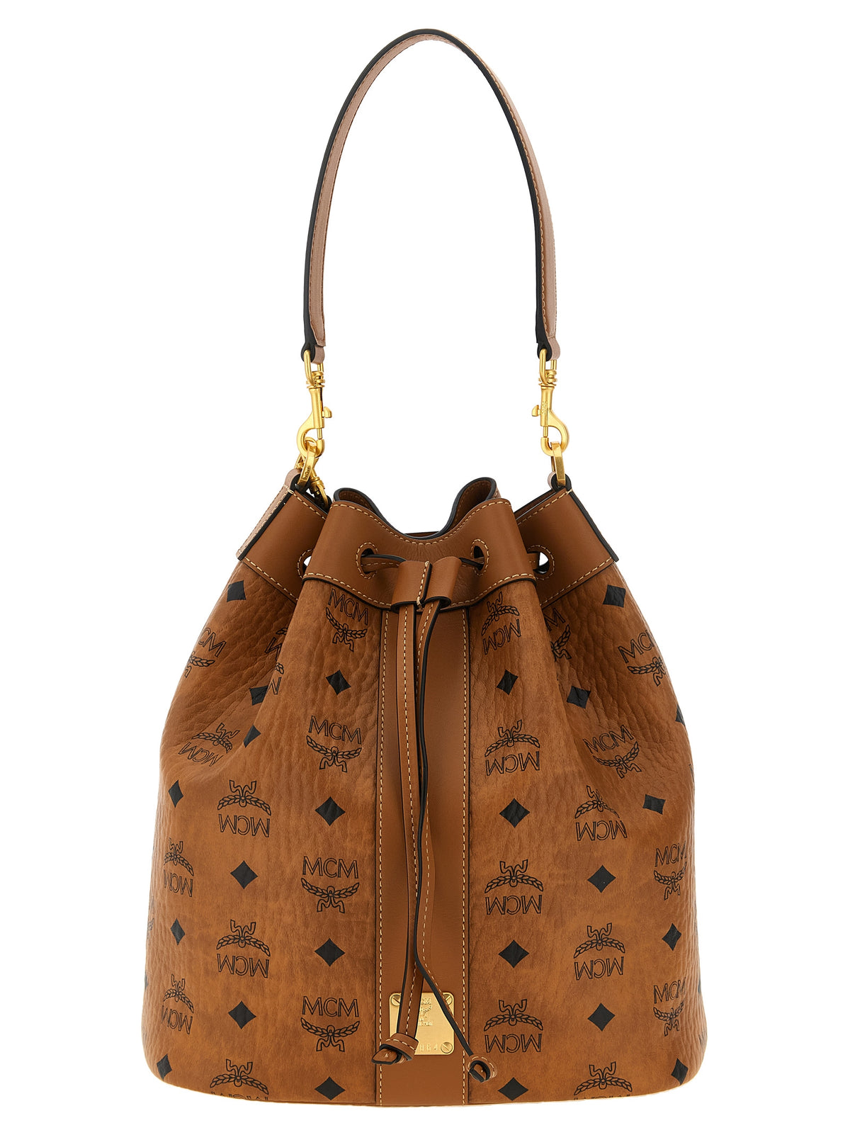MCM Visetos Canvas Microfiber Suede & Leather Bucket Pouch Shoulder Bag - Brown Gold Patterned Monogram