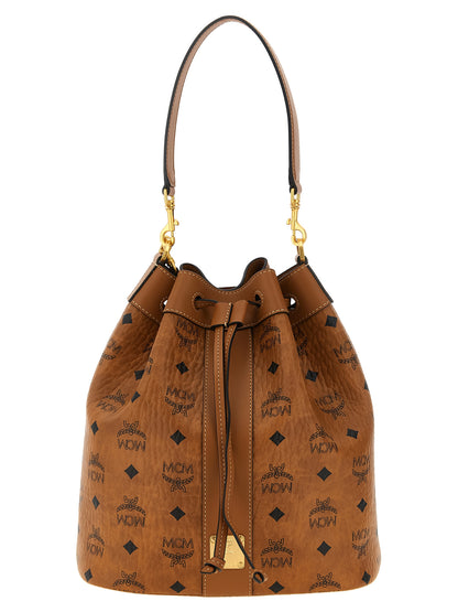 MCM Visetos Canvas Microfiber Suede & Leather Bucket Pouch Shoulder Bag - Brown Gold Patterned Monogram