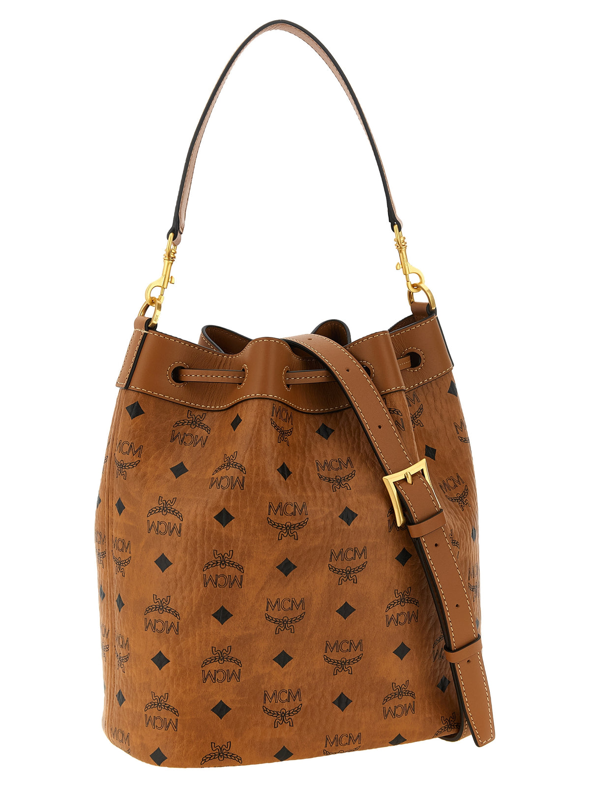 MCM Visetos Canvas Microfiber Suede & Leather Bucket Pouch Shoulder Bag - Brown Gold Patterned Monogram