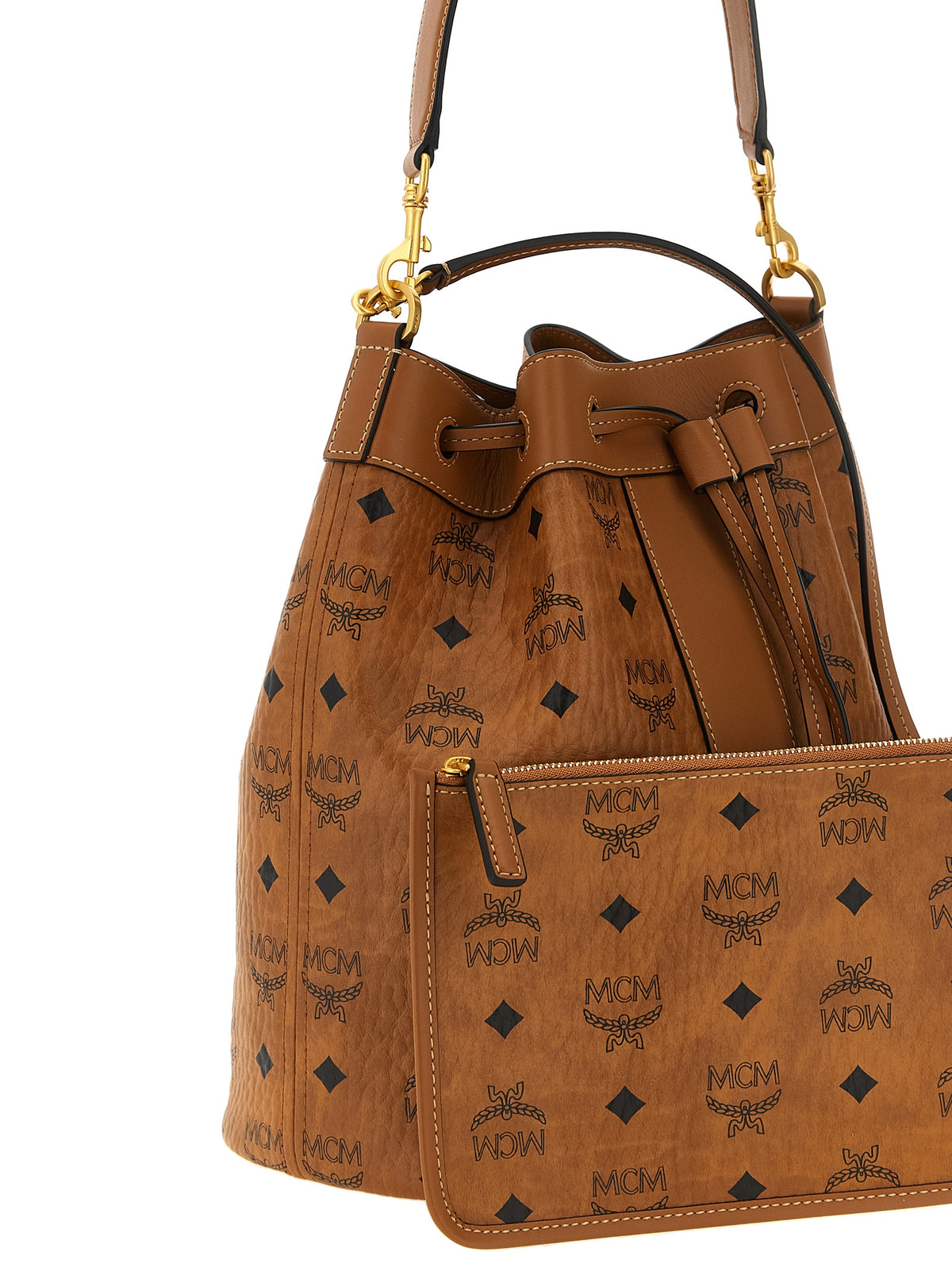 MCM Visetos Canvas Microfiber Suede & Leather Bucket Pouch Shoulder Bag - Brown Gold Patterned Monogram