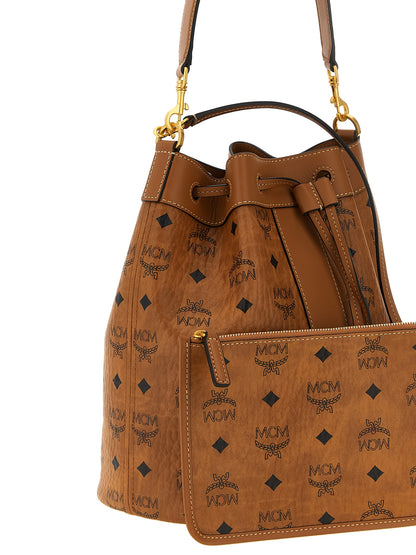 MCM Visetos Canvas Microfiber Suede & Leather Bucket Pouch Shoulder Bag - Brown Gold Patterned Monogram