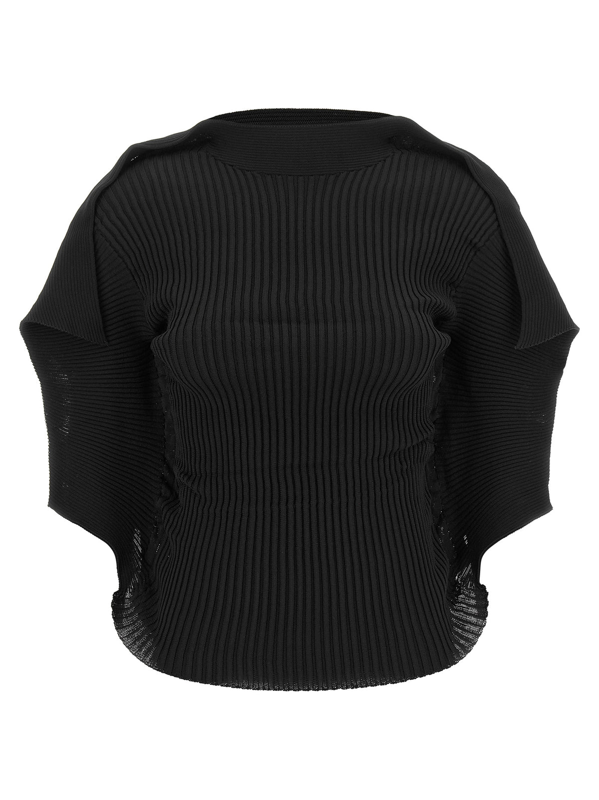 Blouse by Issey Miyake for women in polyester black showcases a sharp silhouette, elegantly detailed with a sharp high-neck neckline and sharp short-sleeve.