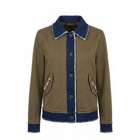 Trucker Jacket by Mr&Mrs Italy for women in cotton denim polyester & metallized fiber bicolour & green showcases a bohemian silhouette, artfully detailed with a bohemian and signature pockets for a truly bohemian finish.