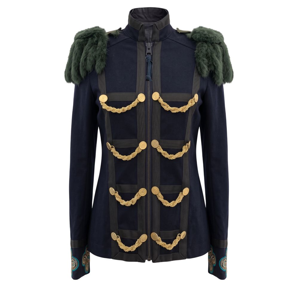 Jacket by Mr&Mrs Italy for women in cotton & rabbit fur blue & gold presents a authentic silhouette, artfully detailed with a authentic and functional for a premium authentic finish.