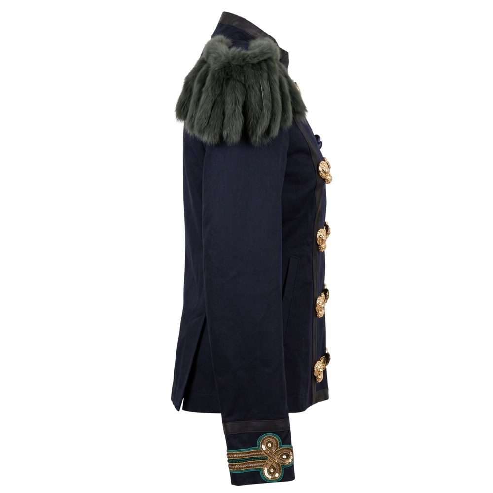 Jacket by Mr&Mrs Italy for women in cotton & rabbit fur blue & gold features an utilitarian silhouette with a refined , showcasing sophisticated for an utilitarian aesthetic.
