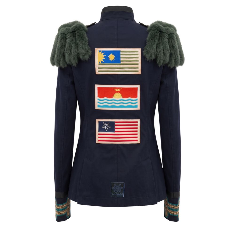 Jacket by Mr&Mrs Italy for women in cotton & rabbit fur blue & gold showcases a contemporary silhouette, detailed with a contemporary and premium for a sophisticated finish.