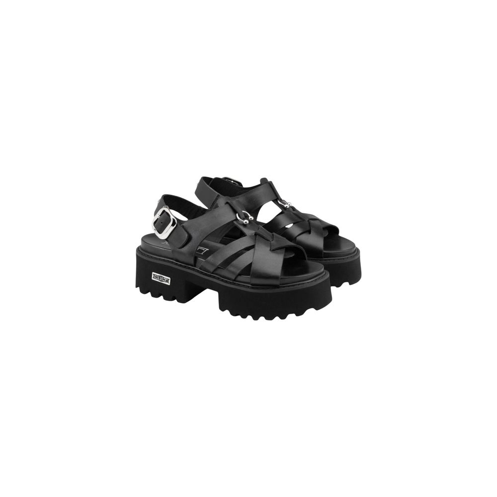 Platform Sandals by Cult for women in leather & rubber black & signature presents a sculptural silhouette, showcasing the Women's Leather & Rubber Platform Sandals design with a sculptural platform and for a premium look.