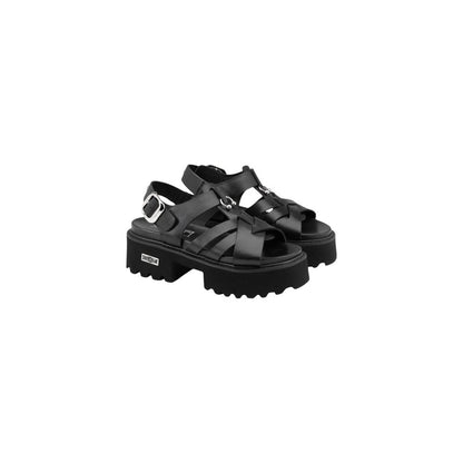 Platform Sandals by Cult for women in leather & rubber black & signature presents a sculptural silhouette, showcasing the Women's Leather & Rubber Platform Sandals design with a sculptural platform and for a premium look.