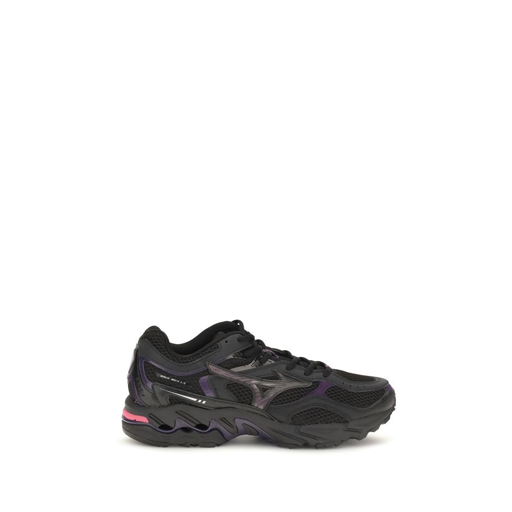 Athletic Sneakers by MIZUNO for men in rubber & fabric black showcases a architectural silhouette, artfully capturing the essence of the Men's Athletic Rubber & Fabric Sneakers with its signature architectural athletic style construction.