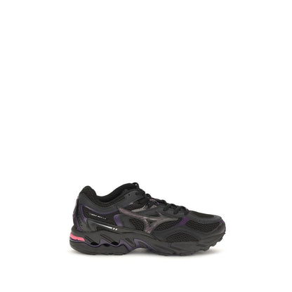 Athletic Sneakers by MIZUNO for men in rubber & fabric black showcases a architectural silhouette, artfully capturing the essence of the Men's Athletic Rubber & Fabric Sneakers with its signature architectural athletic style construction.