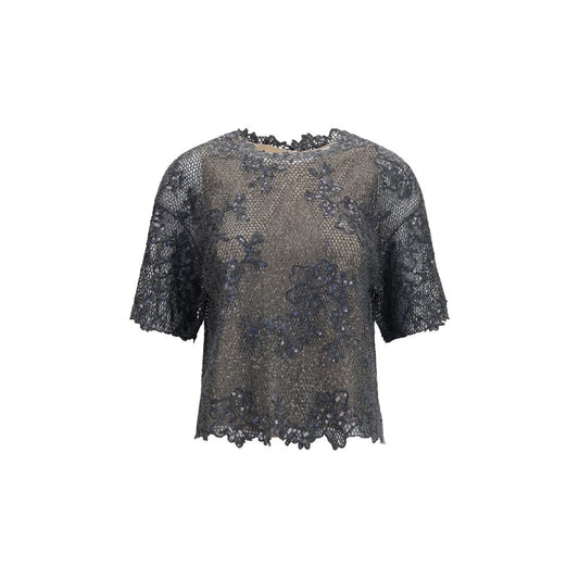Blouse by Brunello Cucinelli for women in mohair merino wool viscose & sequins gray & floral showcases a sleek silhouette, elegantly detailed with a sleek and for a sleek finish.
