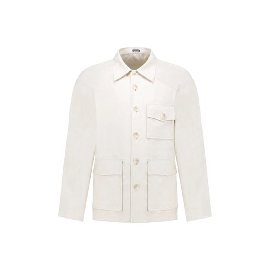 Overcoat by Autore for men in linen polyester & viscose beige showcases a architectural silhouette, artfully detailed with a distinctive and functional pockets for a architectural finish.