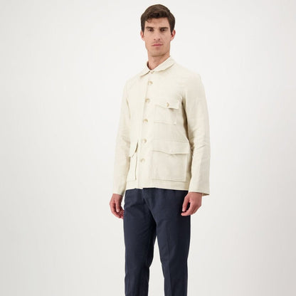 Overcoat by Autore for men in linen polyester & viscose beige showcases a enveloping silhouette, detailed with distinctive pockets and a enveloping .