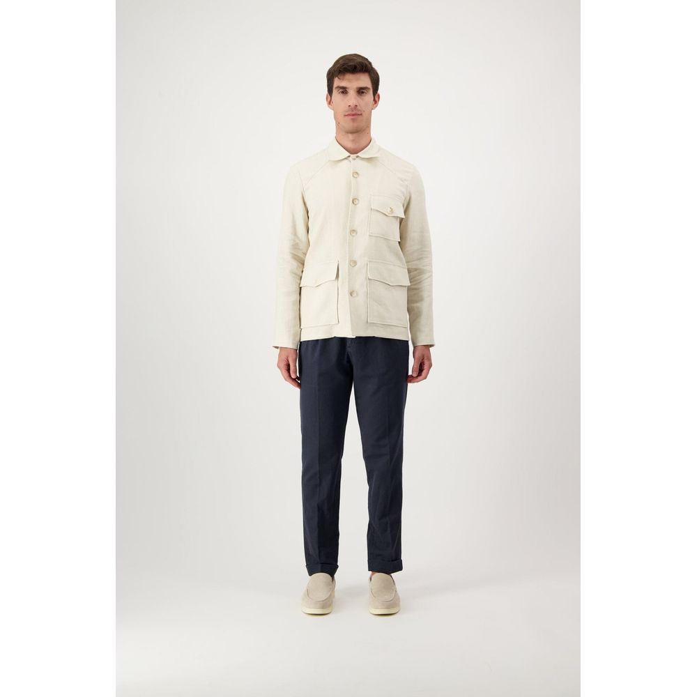 Overcoat by Autore for men in linen polyester & viscose beige features an voluminous silhouette, showcasing distinct pockets and a voluminous for a truly voluminous aesthetic.