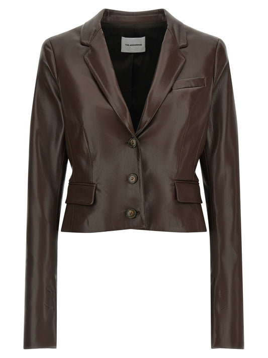 Blazer by The Andamane for women in polyester polyurethane leather brown showcases a discerning silhouette, elegantly detailed with a sophisticated and premium for a truly discerning finish.