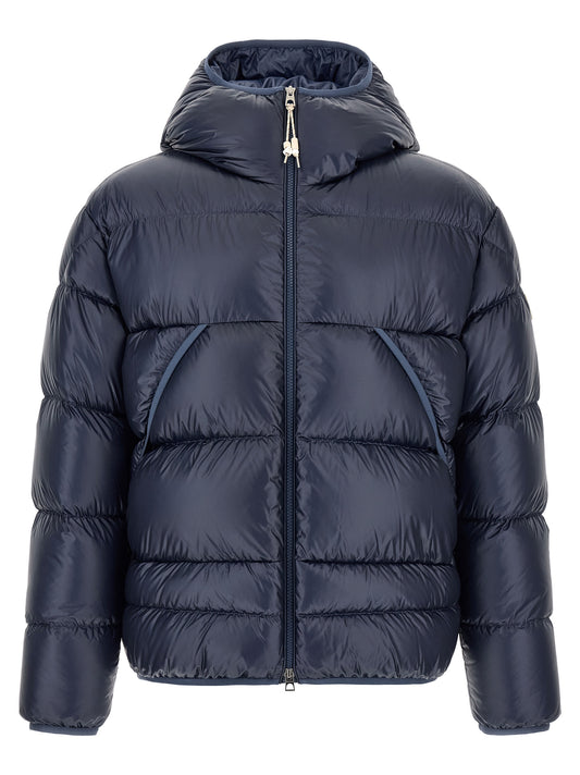 Hooded Puffer Jacket by Moncler for men in polyamide felt blue & signature features a city-ready silhouette, detailed with hooded & insulated and a city-ready hooded neckline.