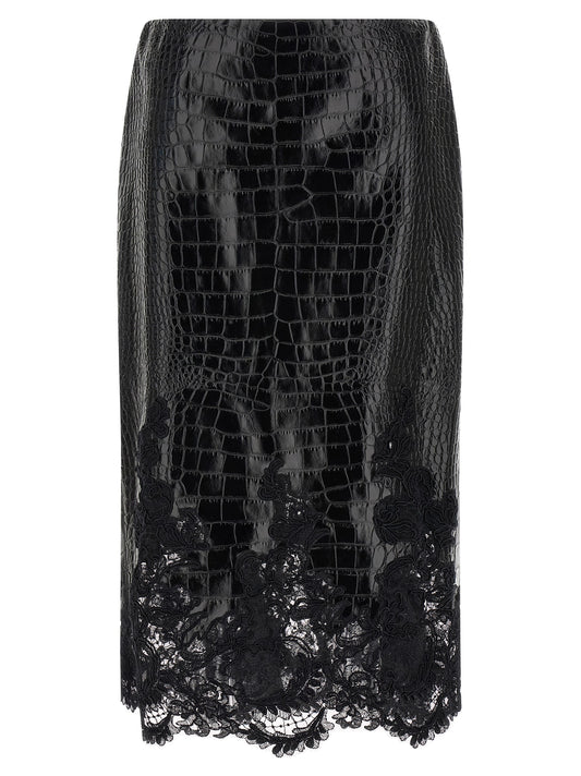 Skirt by Ermanno Scervino for women in calfskin crocodile leather & lace black & print showcases a sultry silhouette, elegantly defined by its midi and the sophisticated sultry design of the Grace Women's Tailored Calfskin Crocodile Leather & Lace Midi Skirt.