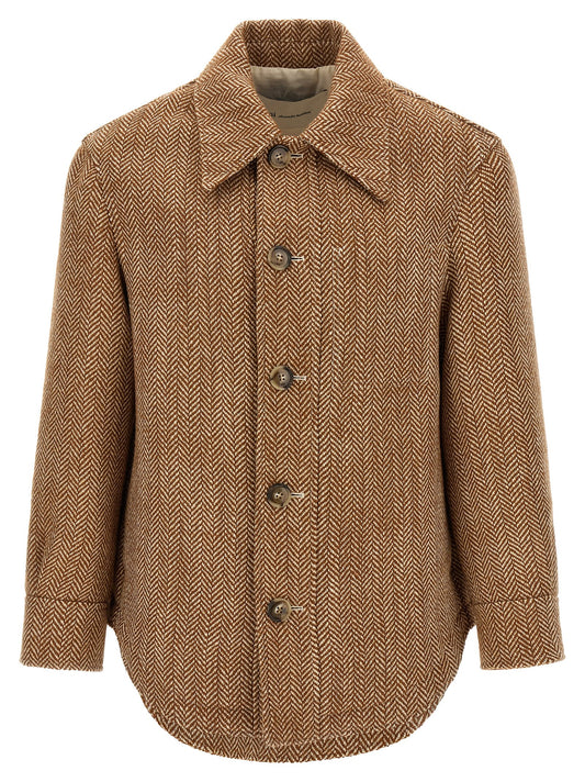 Jacket by Ami Paris for women in virgin wool polyamide leather & horn brown, horn, ivory, chevron & signature showcases a contemporary silhouette, detailed with a contemporary and premium pockets for a sophisticated finish.