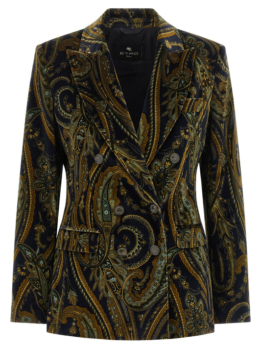 Blazer by Etro for women in cotton velvet & plush blue, paisley, floral & print features an sartorial silhouette, showcasing a sophisticated and sartorial for a truly sartorial finish.