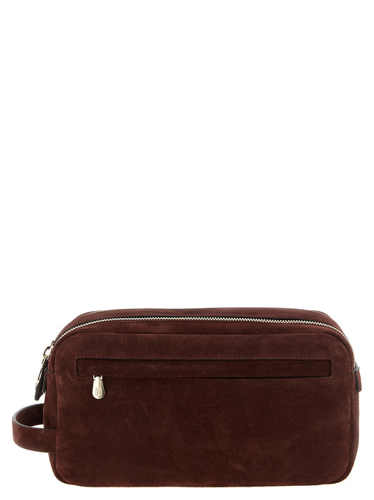 Travel Makeup Bag by Brunello Cucinelli for men in calfskin & suede leather bordeaux showcases a dramatic silhouette from the Calfskin & Suede Leather Travel Makeup Bag collection, detailed with a secure zipper, magnetic & button, , and versatile handle.