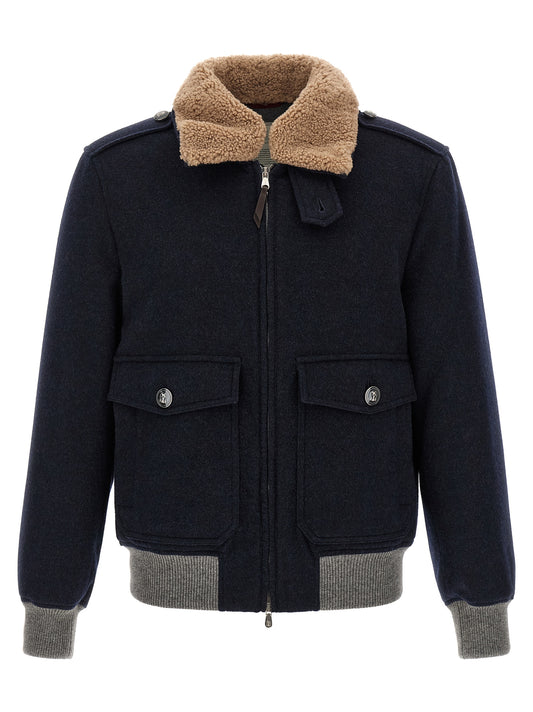 Bomber Jacket by Brunello Cucinelli for men in cashmere & leather horn & navy features a city-ready silhouette, detailed with pockets and a city-ready .