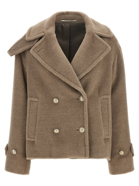 Overcoat by Tagliatore for women in alpaca wool metal & virgin wool beige features an satoral silhouette, showcasing a sophisticated and satoral pockets for a premium, timeless look.