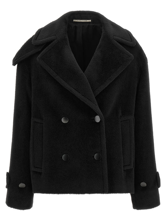 Overcoat by Tagliatore for women in leather virgin wool & alpaca wool black features an voluminous silhouette, showcasing distinct and a voluminous for a truly voluminous aesthetic.