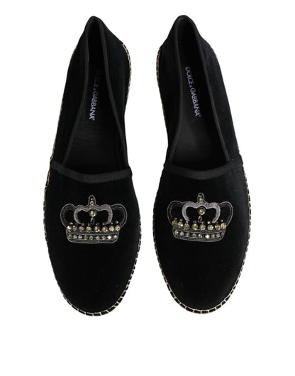 Dolce & Gabbana Black Embellished Crown Flat Espadrilles Shoes