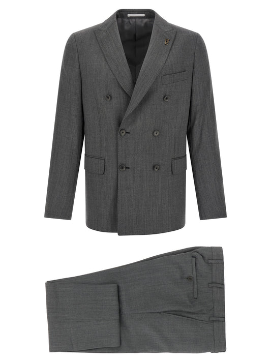 This Pant Suit by Pal Zileri for men in wool gray & herringbone presents a discerning silhouette, featuring a sophisticated split neckline and a discerning straight & regular-fit for a refined and polished look.