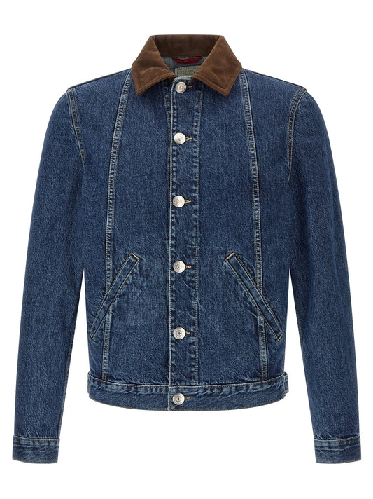 Trucker Jacket by Brunello Cucinelli for men in denim cotton & suede leather brown & dark-blue features a dramatic silhouette, showcasing a sophisticated shirt-collar neckline and distinctive pockets for a dramatic aesthetic.