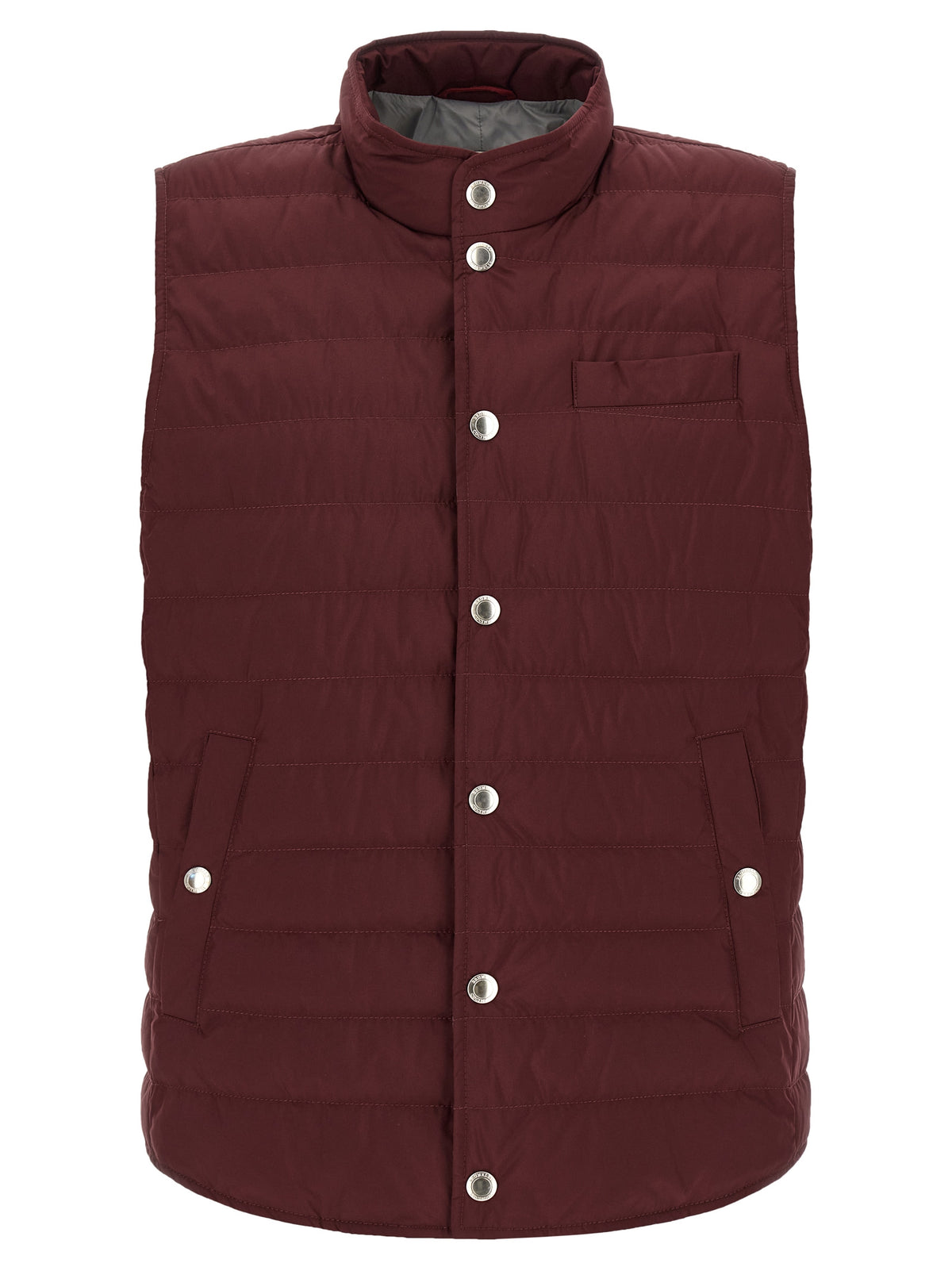 Hooded Vest by Brunello Cucinelli for men in polyester & nylon bordeaux, burgundy & silver features an on trend silhouette, showcasing a sophisticated hooded high-neck neckline and premium pockets, hooded & insulated for a truly on trend finish.