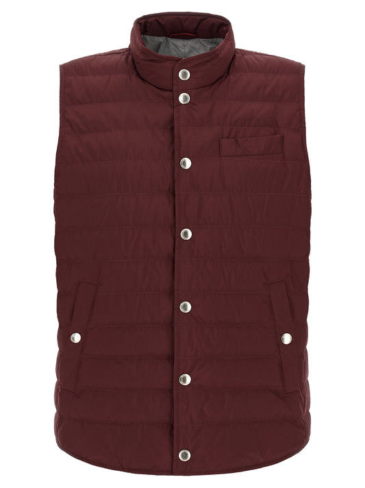 Hooded Vest by Brunello Cucinelli for men in polyester & nylon bordeaux, burgundy & silver features an on trend silhouette, showcasing a sophisticated hooded high-neck neckline and premium pockets, hooded & insulated for a truly on trend finish.